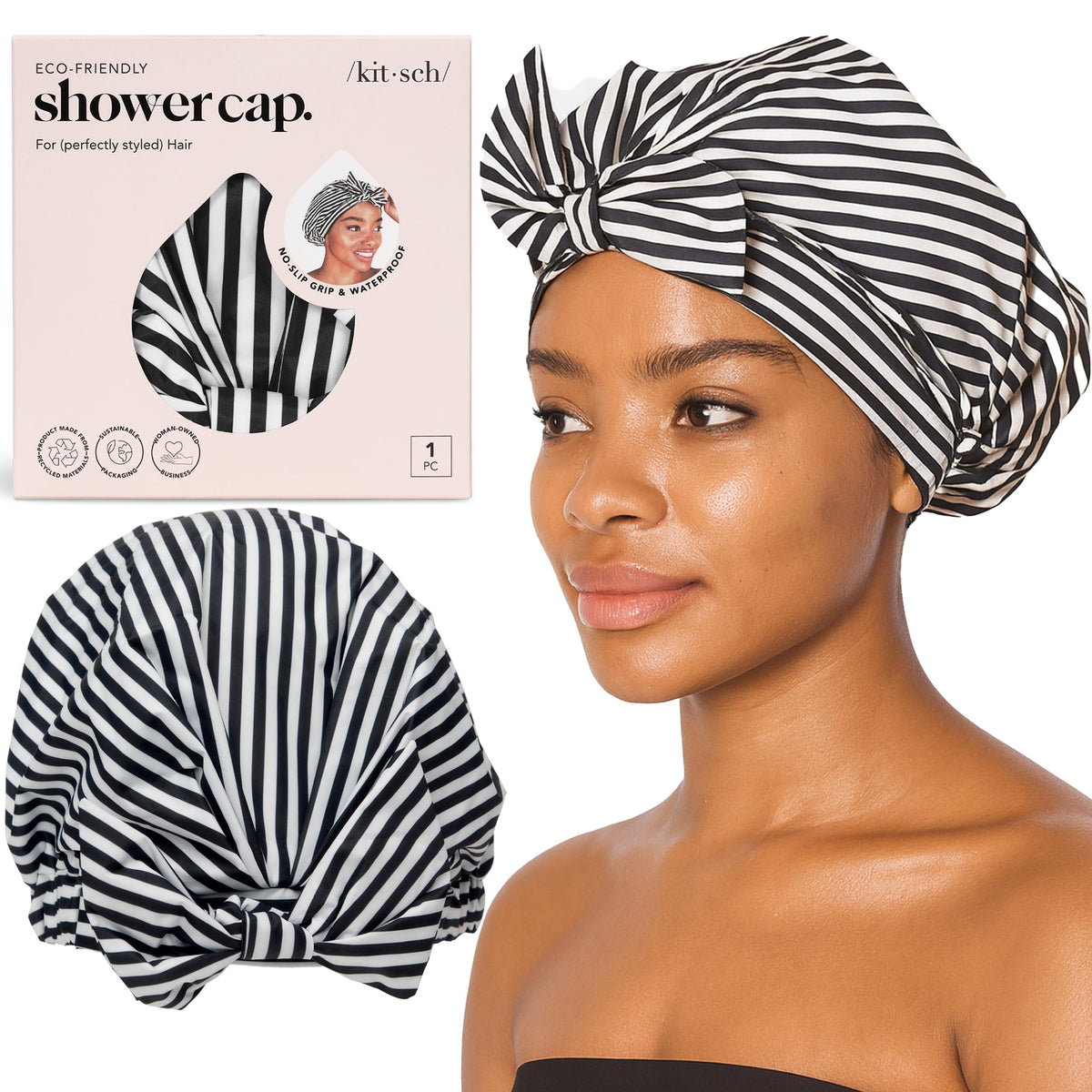 Kitsch Luxury Satin-Lined Flexi Shower Cap for Women - Terracotta Checker