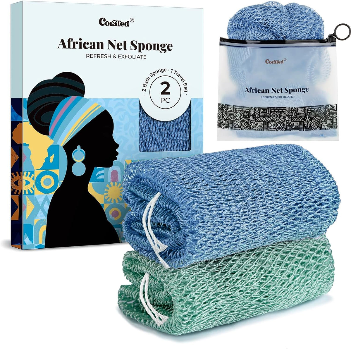 CORATED African Net Sponge Authentic, Shower Loofah Exfoliating Bath Sponge