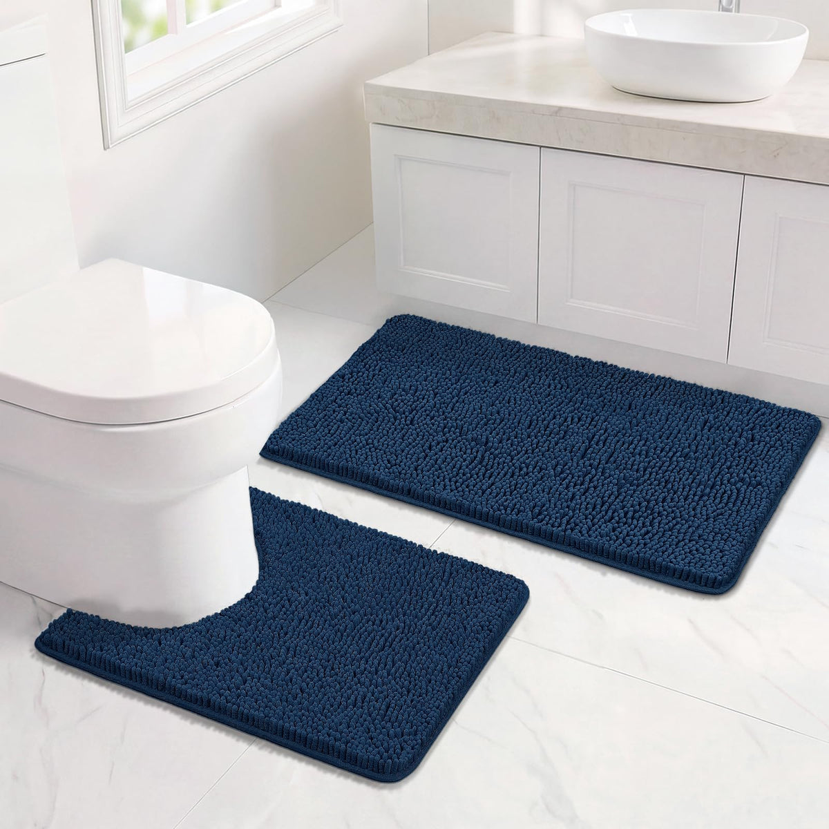 Bcoimo Small Bath Rug Mat,Chenille Extra Soft Navy Bathroom Mats for Floor