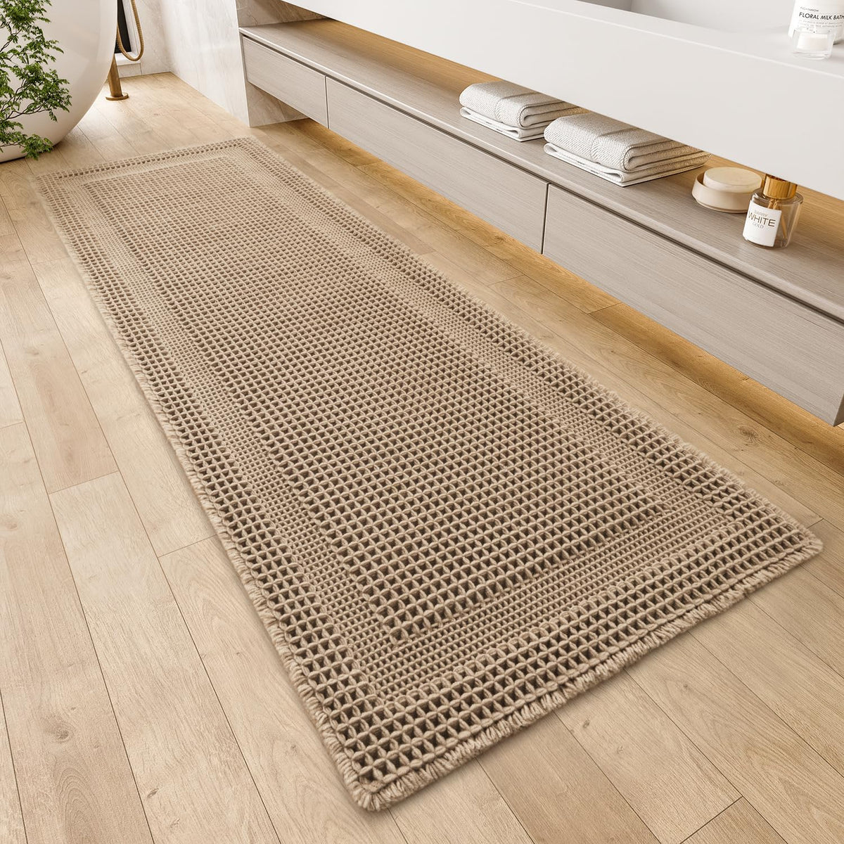 AMOAMI Waffle Bath Mat, Absorbent Bathroom Rugs Non Slip 17''x24'' Beige