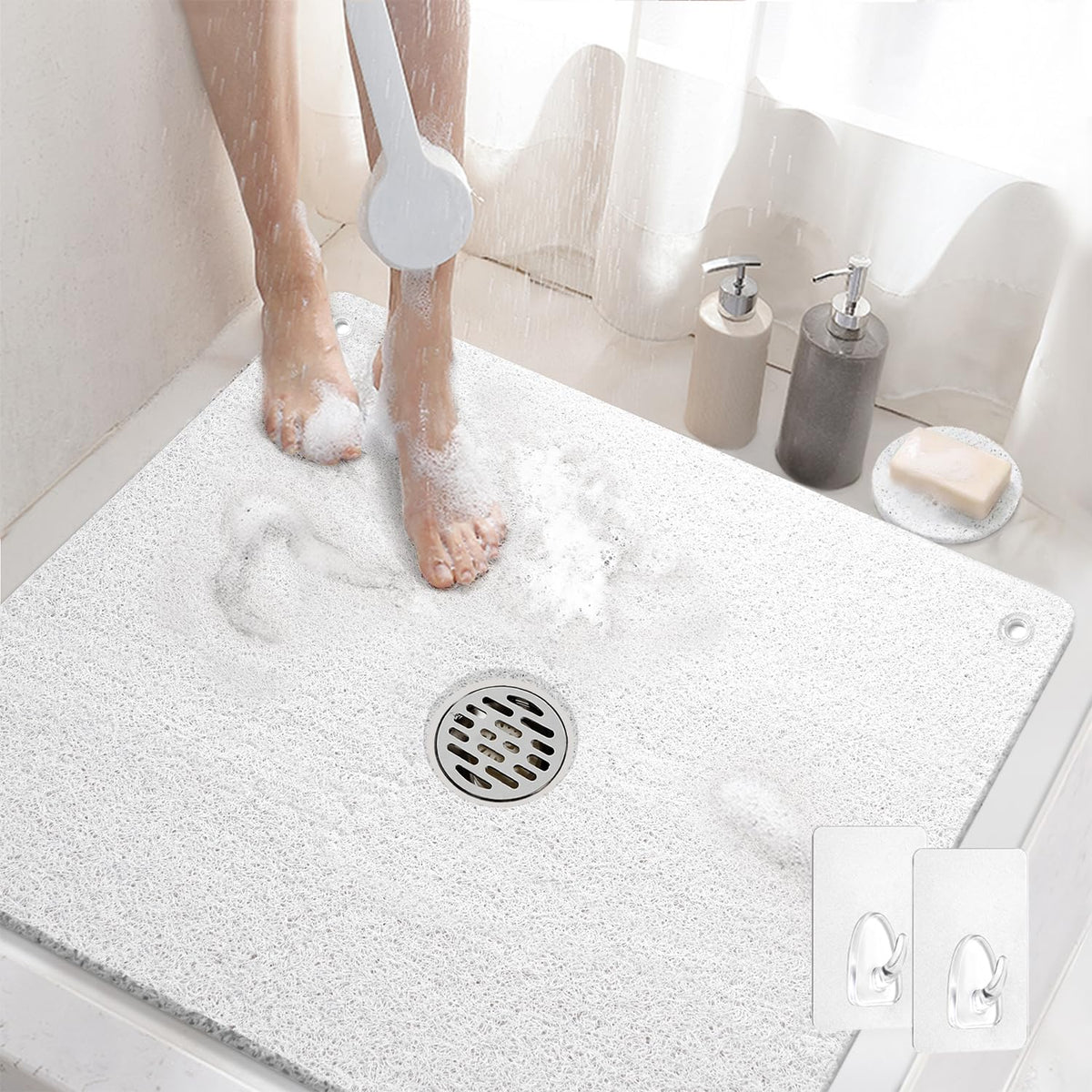 HITSLAM Square Shower Mat, 24 x 24 Inch Non Slip Bath Mat for Tub, Soft PVC Loofah Bathtub Mats with Drain Holes, Quick Drying Bathroom Stall Floor Mat, Bathroom Accessories Without Suction Cup, Grey