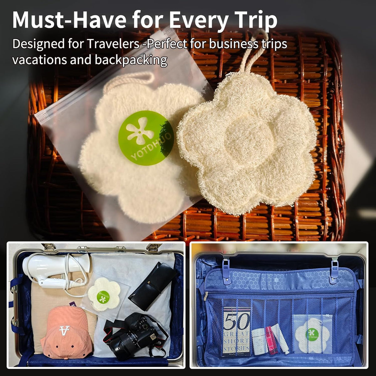 Travel Loofah Made from Real Egyptian Shower Loofah Spong Natural,Rough,Exfoliating,Quick-Drying,Lightweight,Rich Foam,Designed for Travel Convenient to Pack and Carry(2pack)