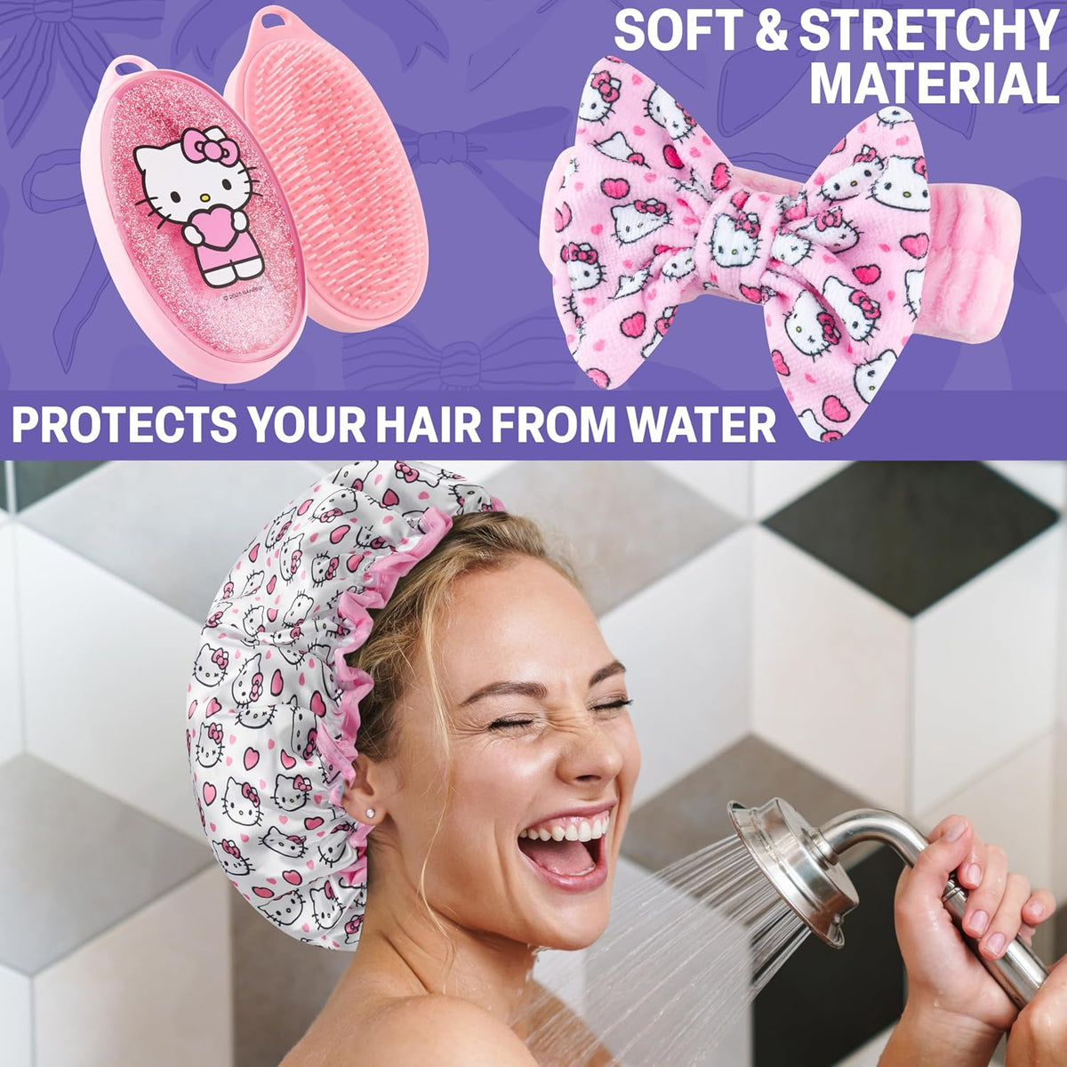 Hello Kitty Sanrio Shower Accessories Set, Kawaii Toiletry Bag with Shower Cap Headband Bath Sponge, Gifts for Girls, Teens, Women (Pink Hello Kitty)
