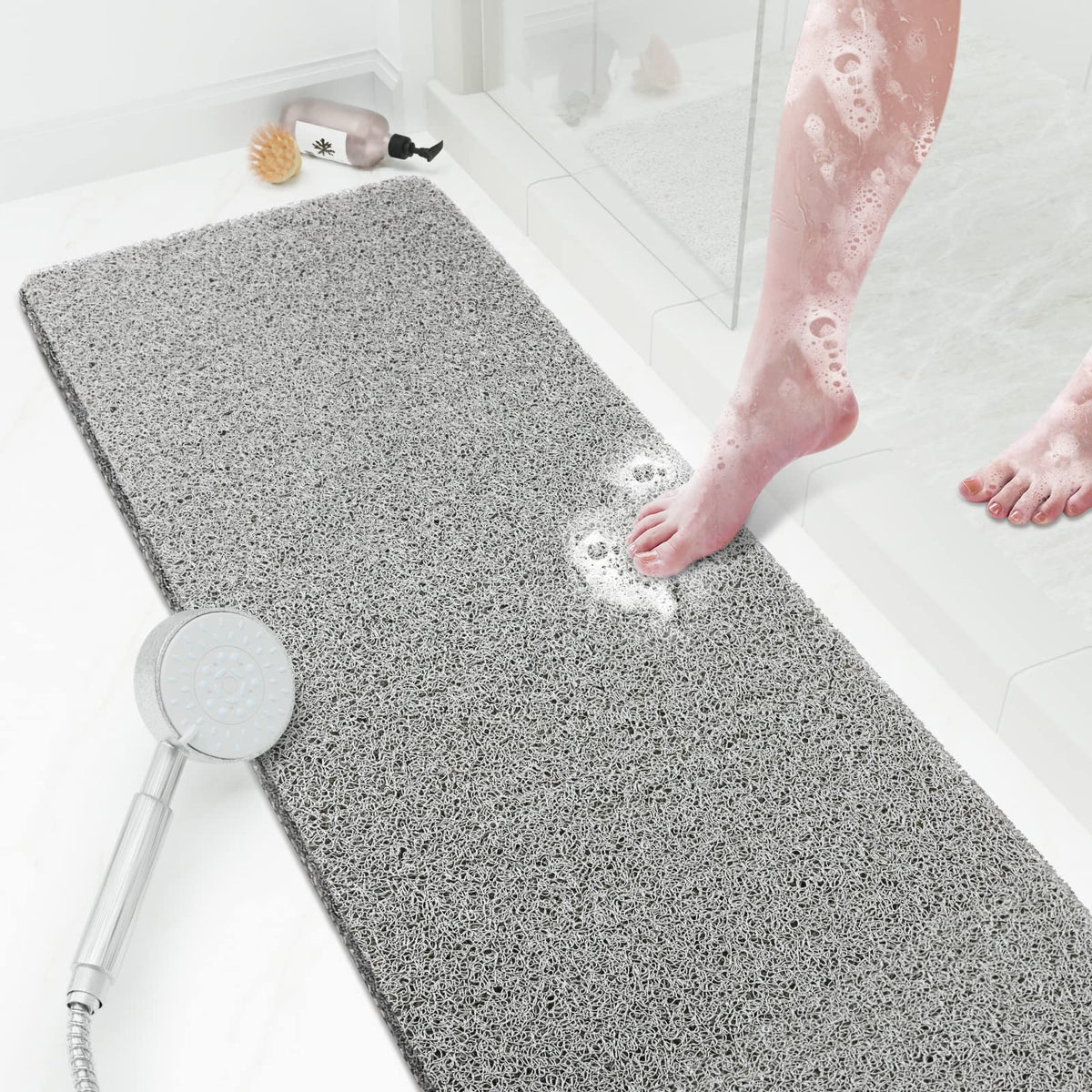 Shower Mat Bathtub Mat Non-Slip,24x16 inch, Soft Tub Mat with Drain,PVC Loofah Bath Mat (Phthalate Free) for Tub and Bathroom,Quick Drying,Black