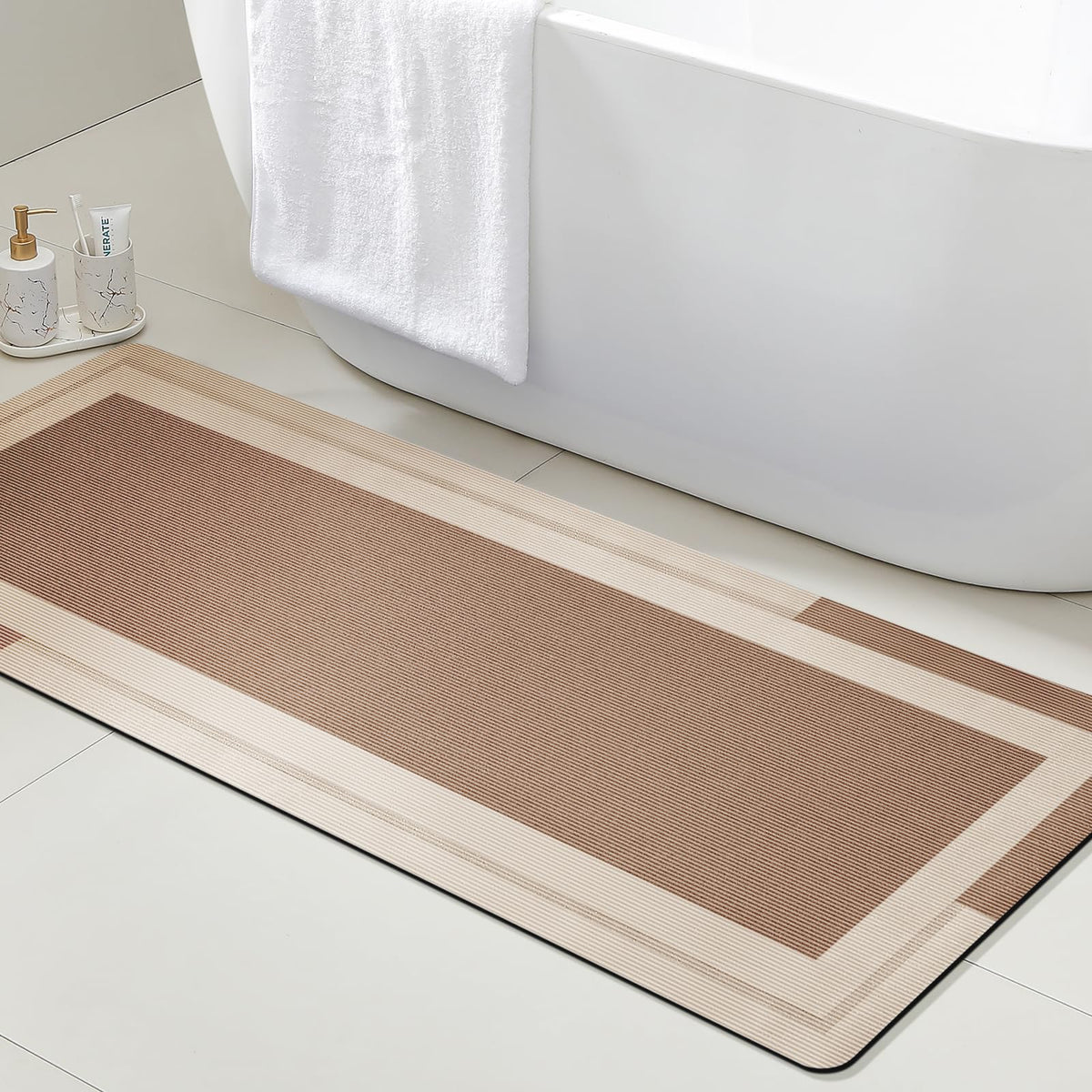 ACCUMTEK Non Slip Bath Mat, Thin Bathroom Rugs Fit Under Door, Quick Dry Bath Mats, Machine Washable Bath Rugs for Bathroom, Bathtub & Kitchen, Grey/Bordered/24 x17