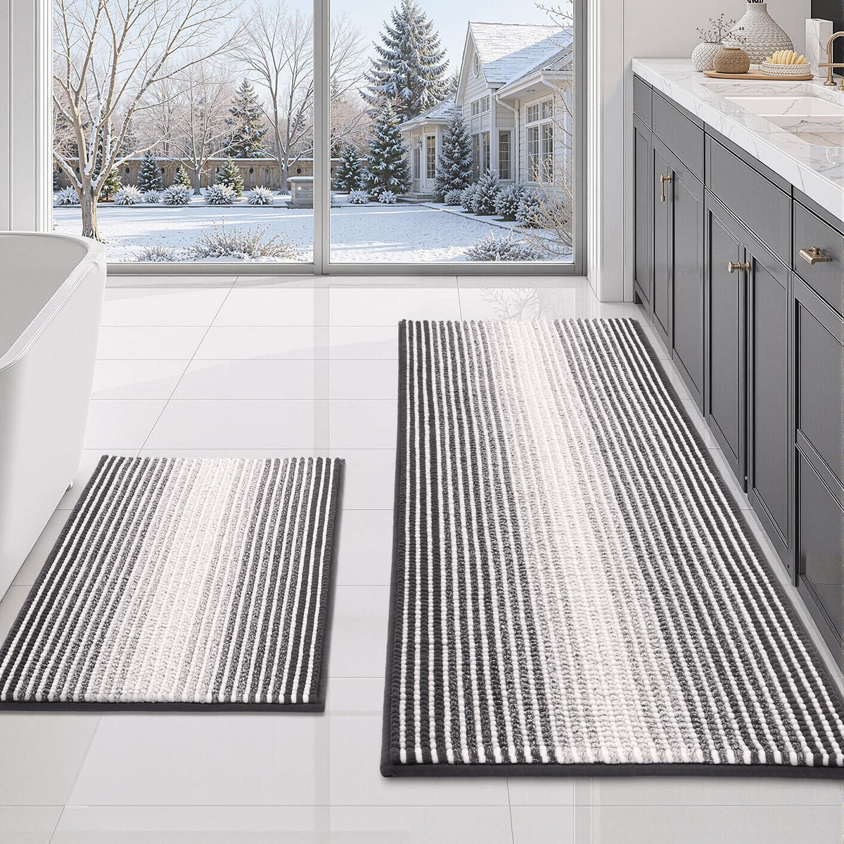 BSICPRO Bathroom Rugs Sets 2 Piece, Non Slip Striped Bath Mats, Fog Blue