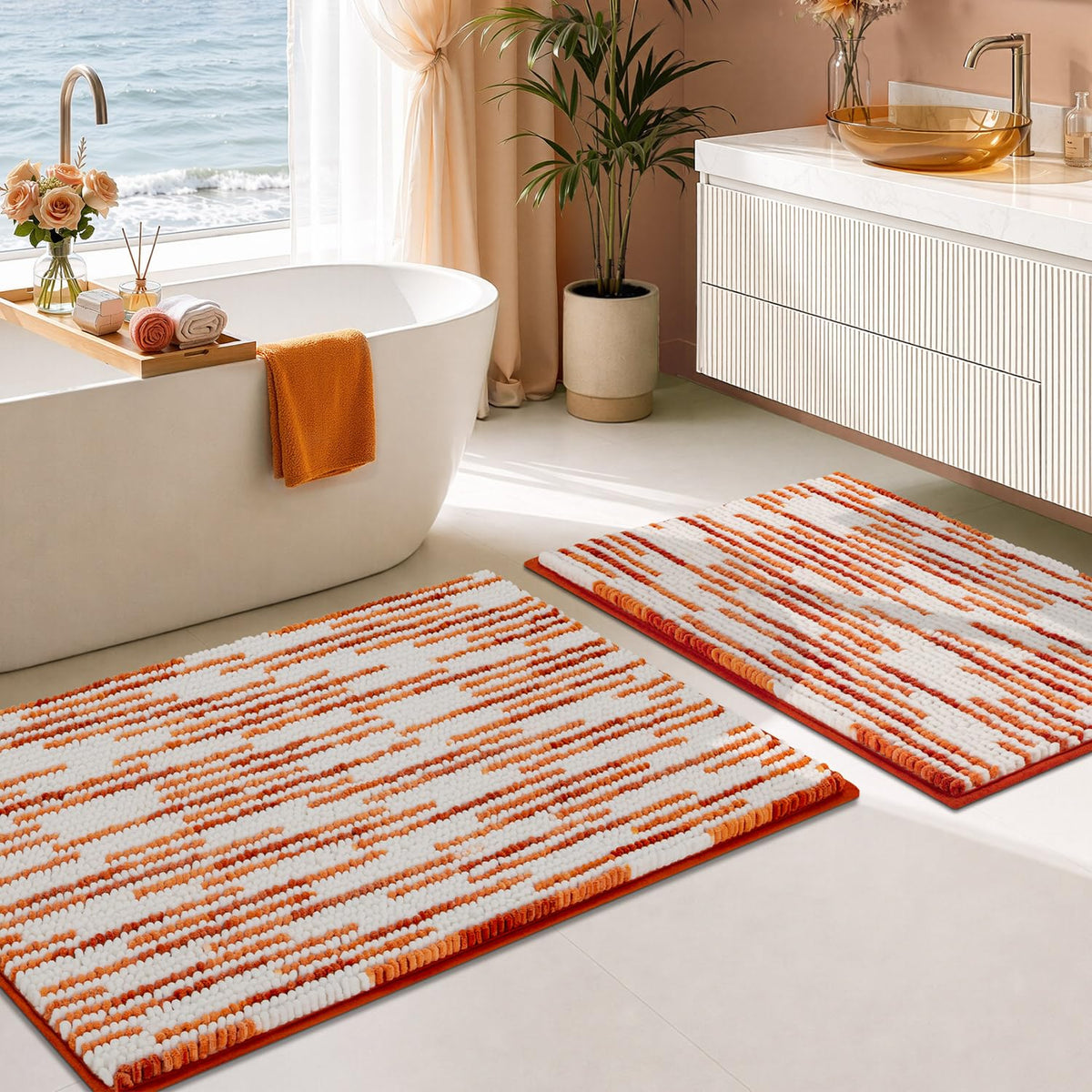 BSICPRO Bathroom Rugs Sets 2 Piece, Non Slip Striped Bath Mats, Fog Blue