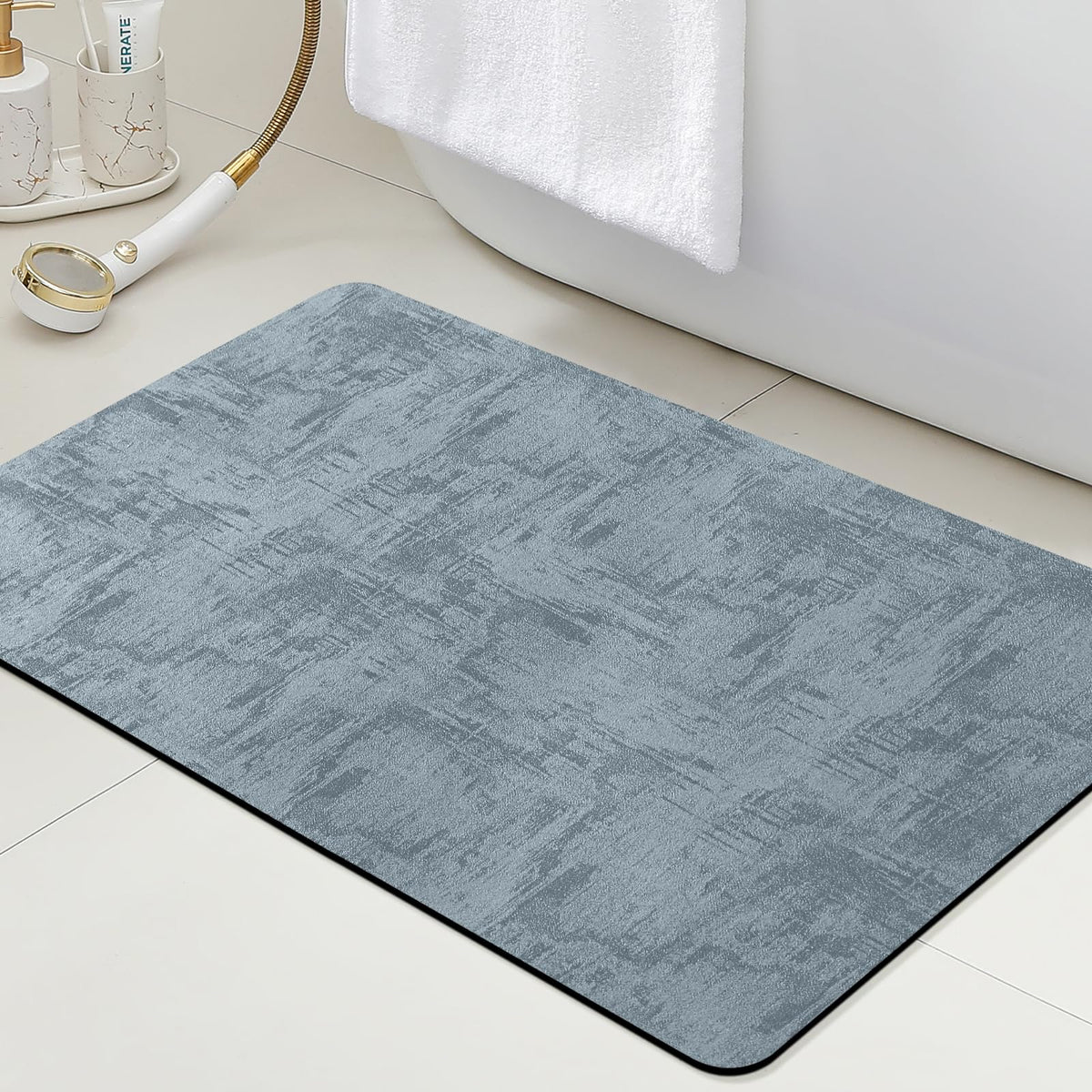 ACCUMTEK Non Slip Bath Mat, Thin Bathroom Rugs Fit Under Door, Quick Dry Bath Mats, Machine Washable Bath Rugs for Bathroom, Bathtub & Kitchen, Grey/Bordered/24 x17