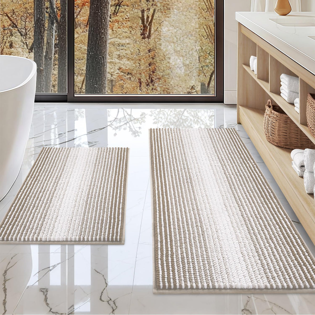 BSICPRO Bathroom Rugs Sets 2 Piece, Non Slip Striped Bath Mats, Fog Blue