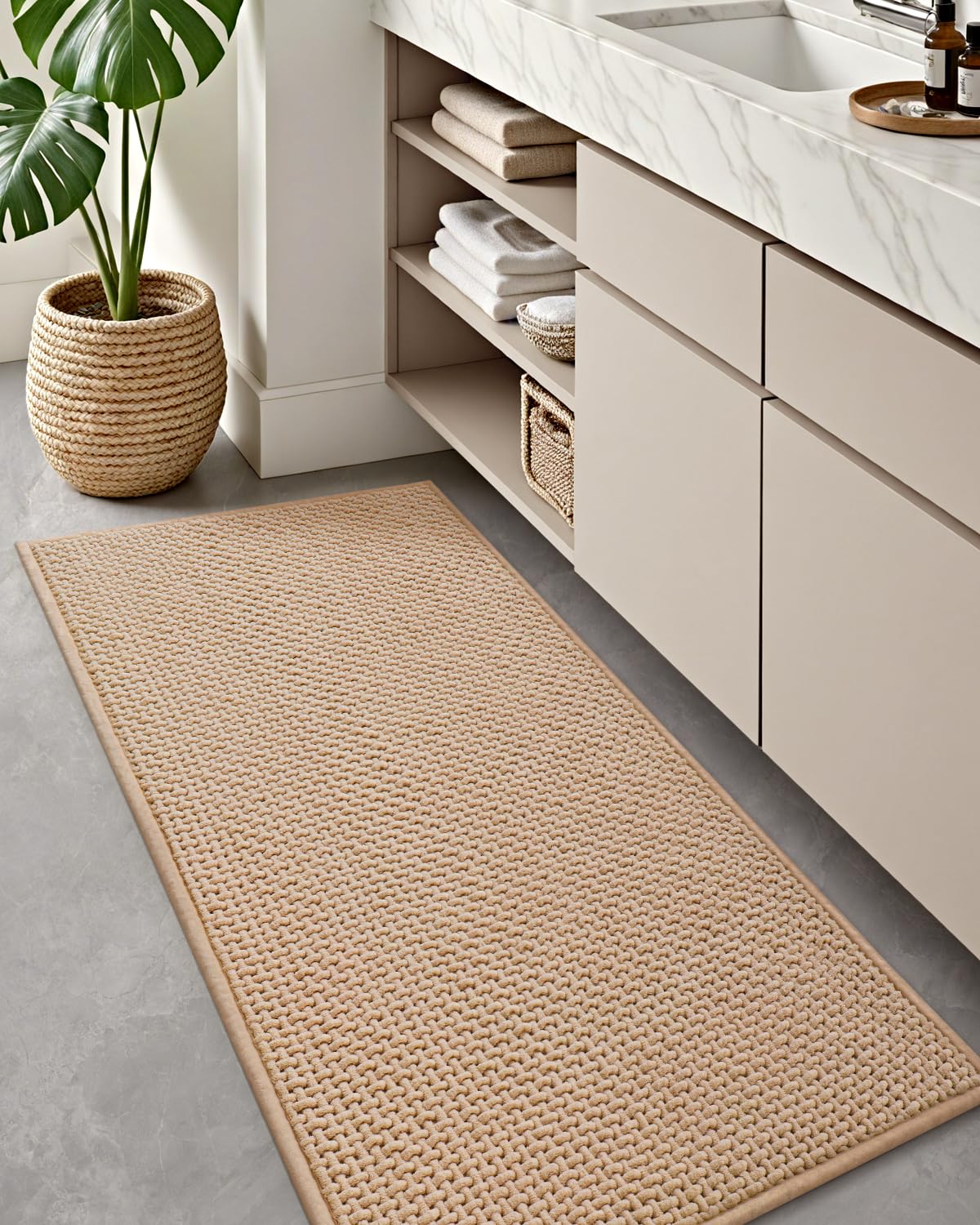 Color&Geometry Beige 30x17 Waffle Bath Mat, Rubber Non Slip Bathroom Rug