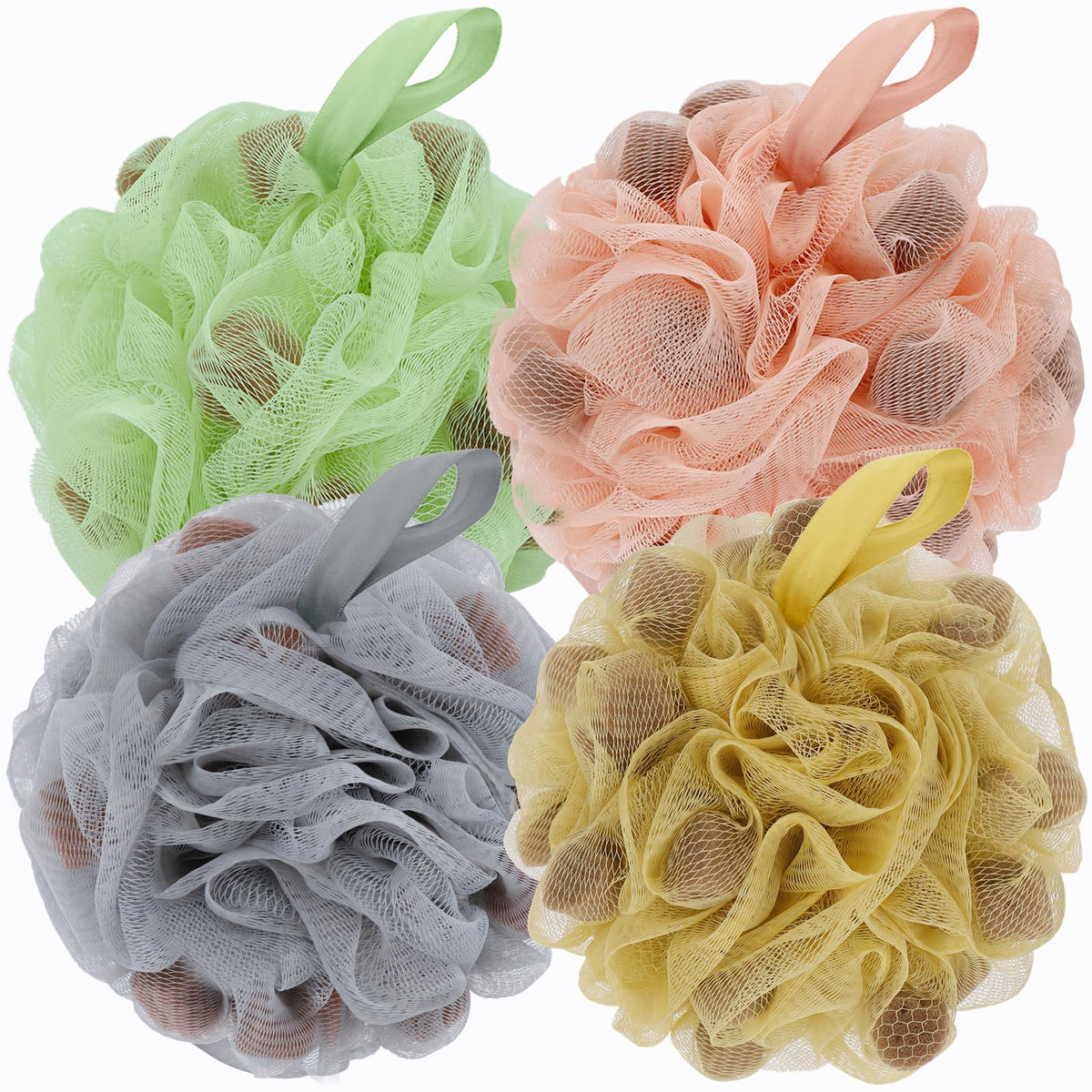 BCKENEY Bath Loofah Shower Sponge Body Back Scrubber Soft Mesh Shower Puffs Exfoliating Loofa for Women & Men Bath Accessories Cleaning Tool (Pack of 4 60G Loofah, Dark Elf)