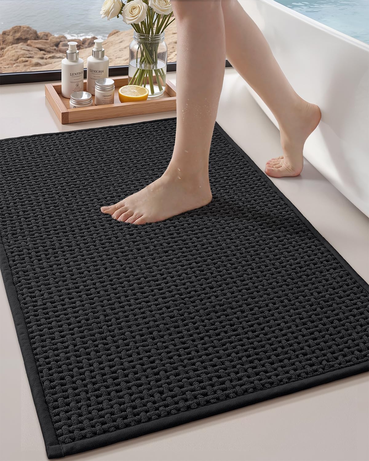 Color&Geometry Beige 30x17 Waffle Bath Mat, Rubber Non Slip Bathroom Rug