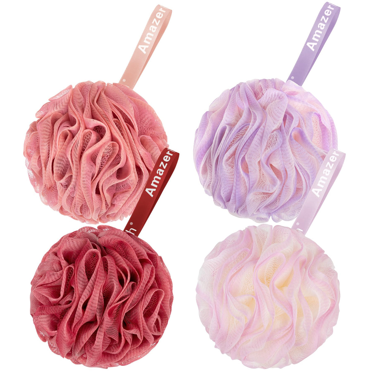 AmazerBath Loofah Sponge 60g/Piece, Exfoliating Bath Sponge Body Scrubber - Loofa Set of 4 Grey Blue-Pink-Grey-White