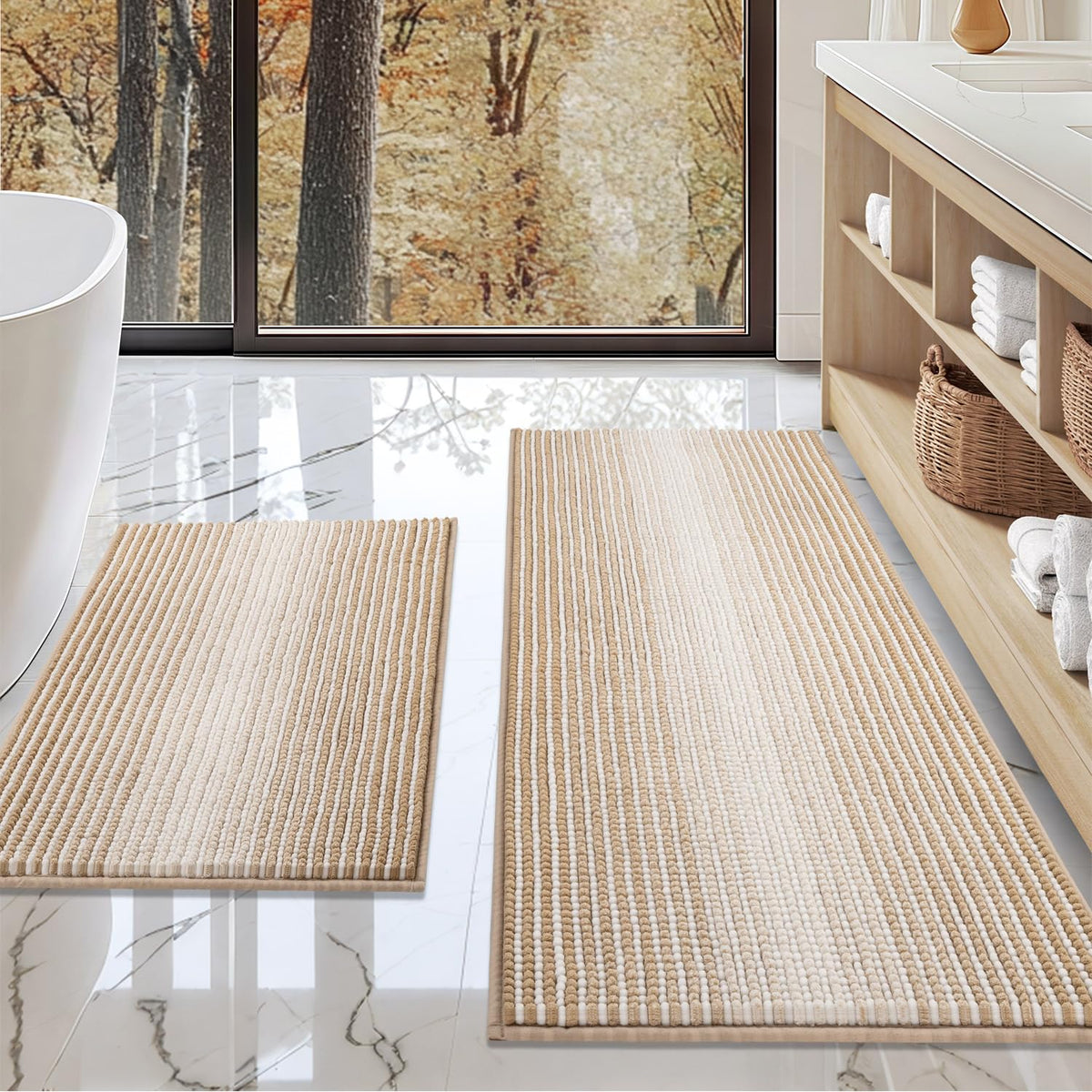 BSICPRO Bathroom Rugs Sets 2 Piece, Non Slip Striped Bath Mats, Fog Blue
