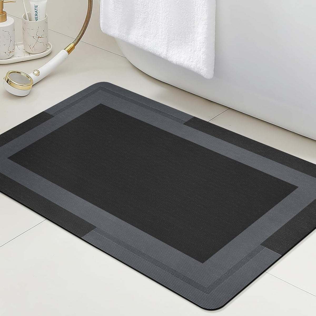 ACCUMTEK Non Slip Bath Mat, Thin Bathroom Rugs Fit Under Door, Quick Dry Bath Mats, Machine Washable Bath Rugs for Bathroom, Bathtub & Kitchen, Grey/Bordered/24 x17