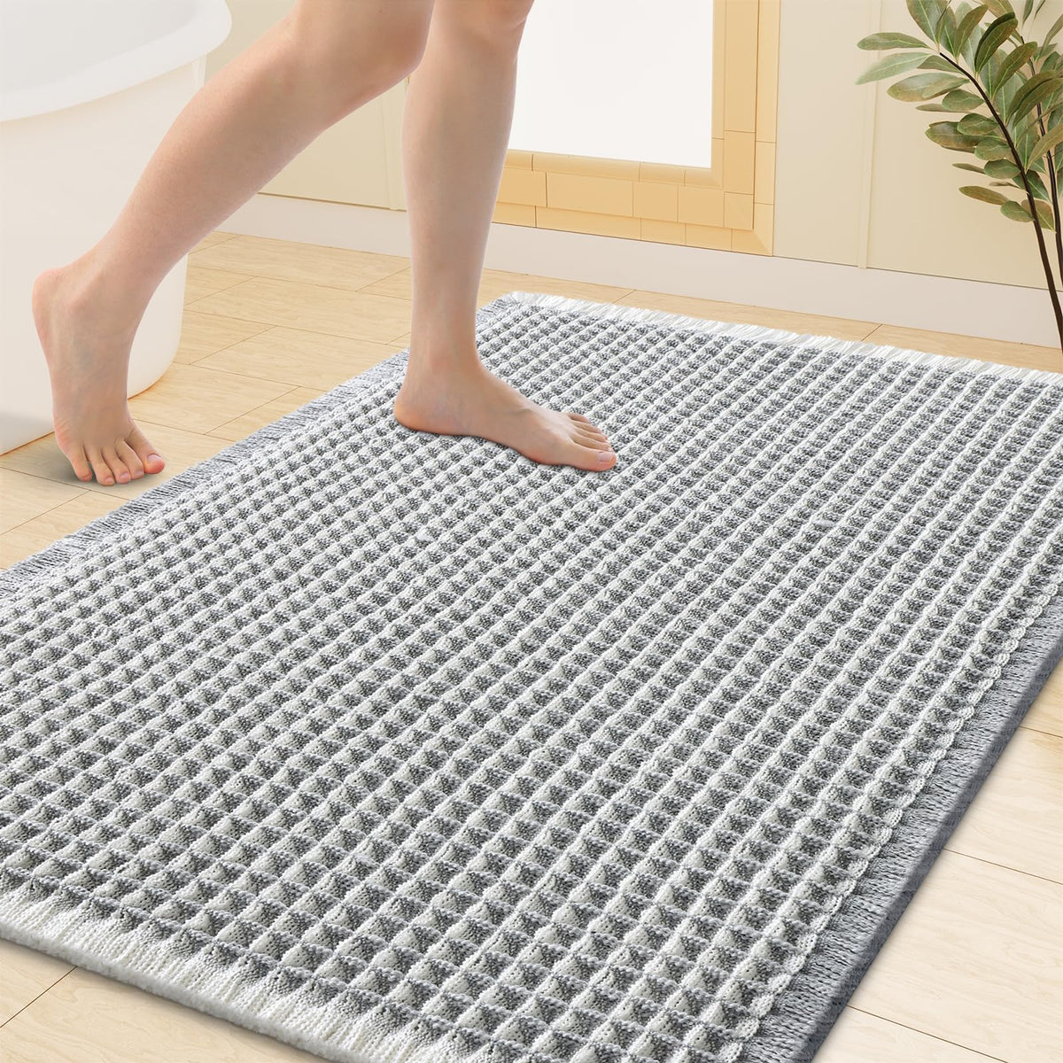 Smiry Waffle Bath Mat 24X16, Soft Absorbent Bathroom Rugs, Brown & Cream