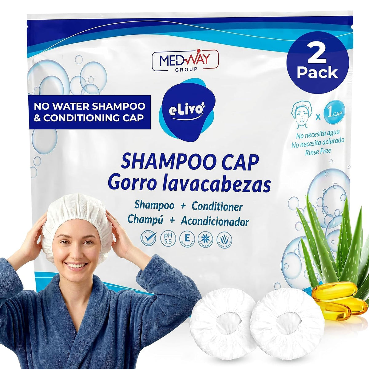 MedVance Rinse Free Shampoo & Conditioning Shower Cap Dry Hair Wash, 3 Pack