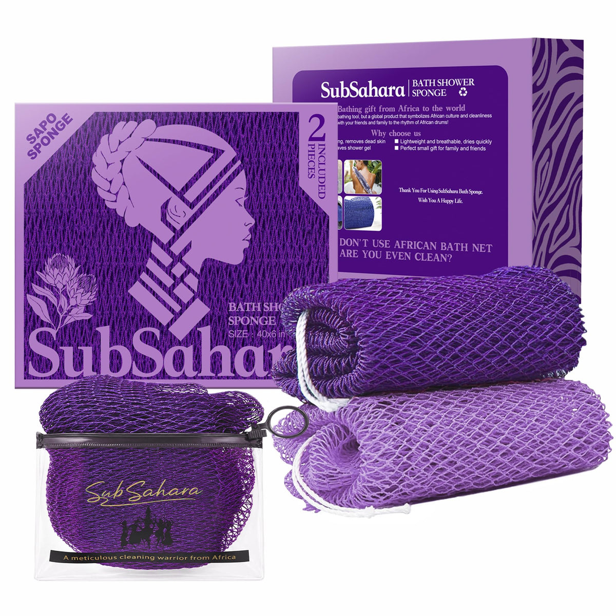 SubSahara African Net Sponge, 2 Pack 45-Inch Exfoliating Bath Scrubber