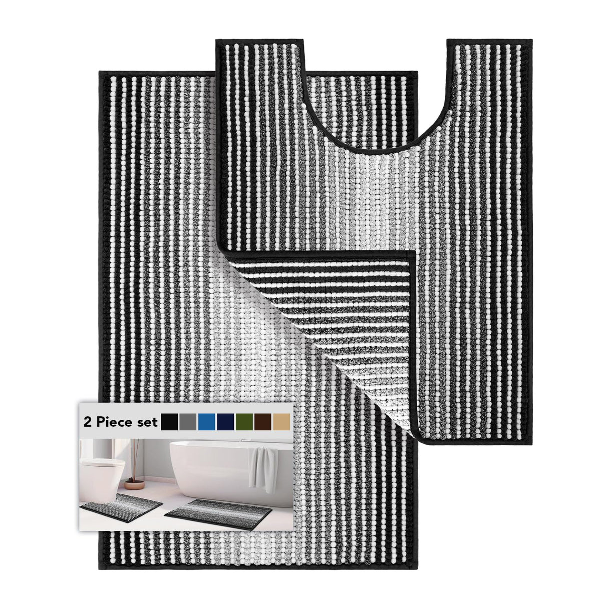 BSICPRO Bathroom Rugs Sets 2 Piece, Non Slip Striped Bath Mats, Fog Blue