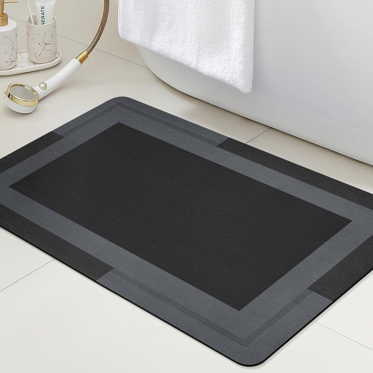 ACCUMTEK Non Slip Bath Mat, Thin Bathroom Rugs Fit Under Door, Quick Dry Bath Mats, Machine Washable Bath Rugs for Bathroom, Bathtub & Kitchen, Grey/Bordered/24 x17