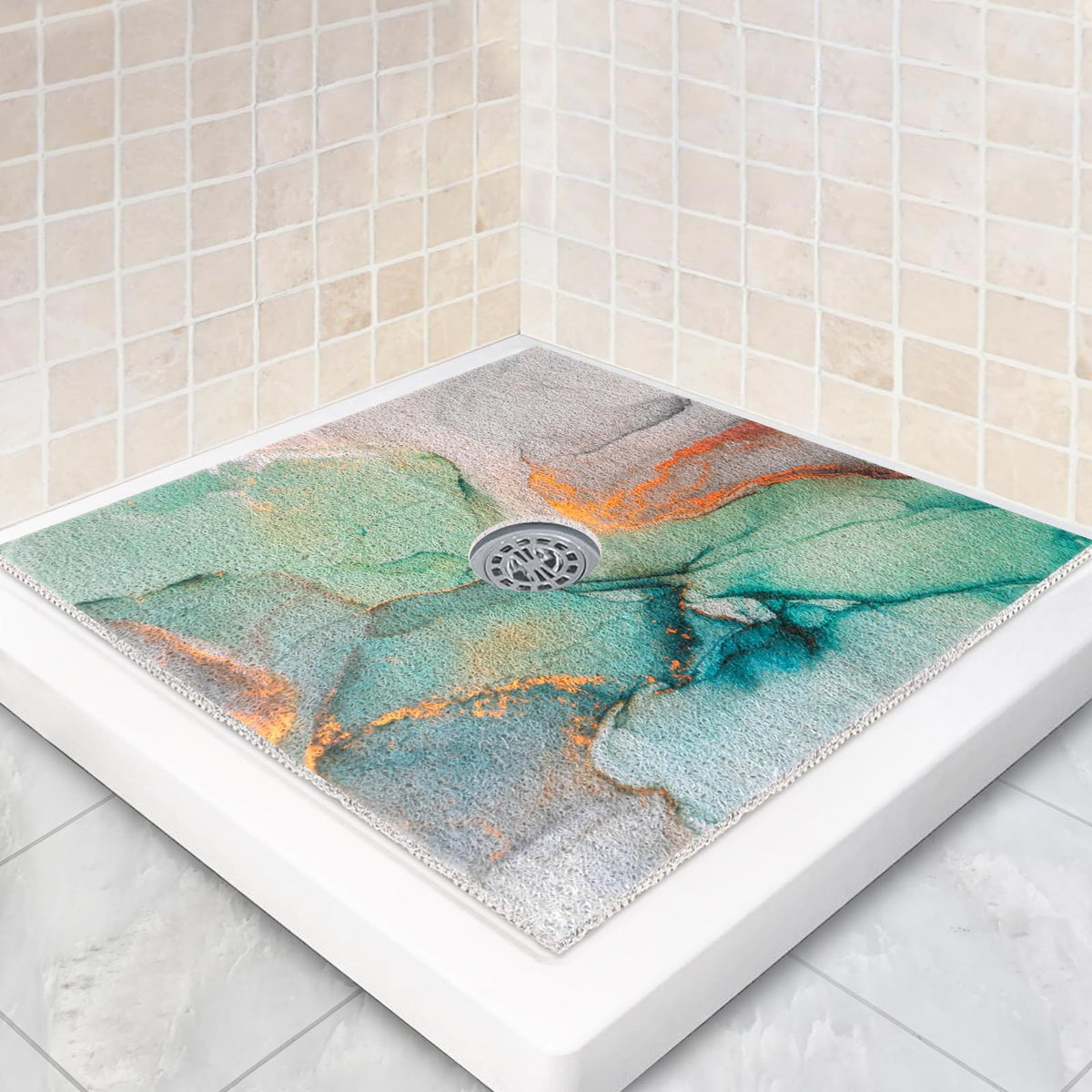 Square Shower Mat Non Slip: 24 x 24 Inch Shower Mats with Drain Hole in Middle - PVC Loofah Anti Slip Shower Floor Matt for Inside Shower