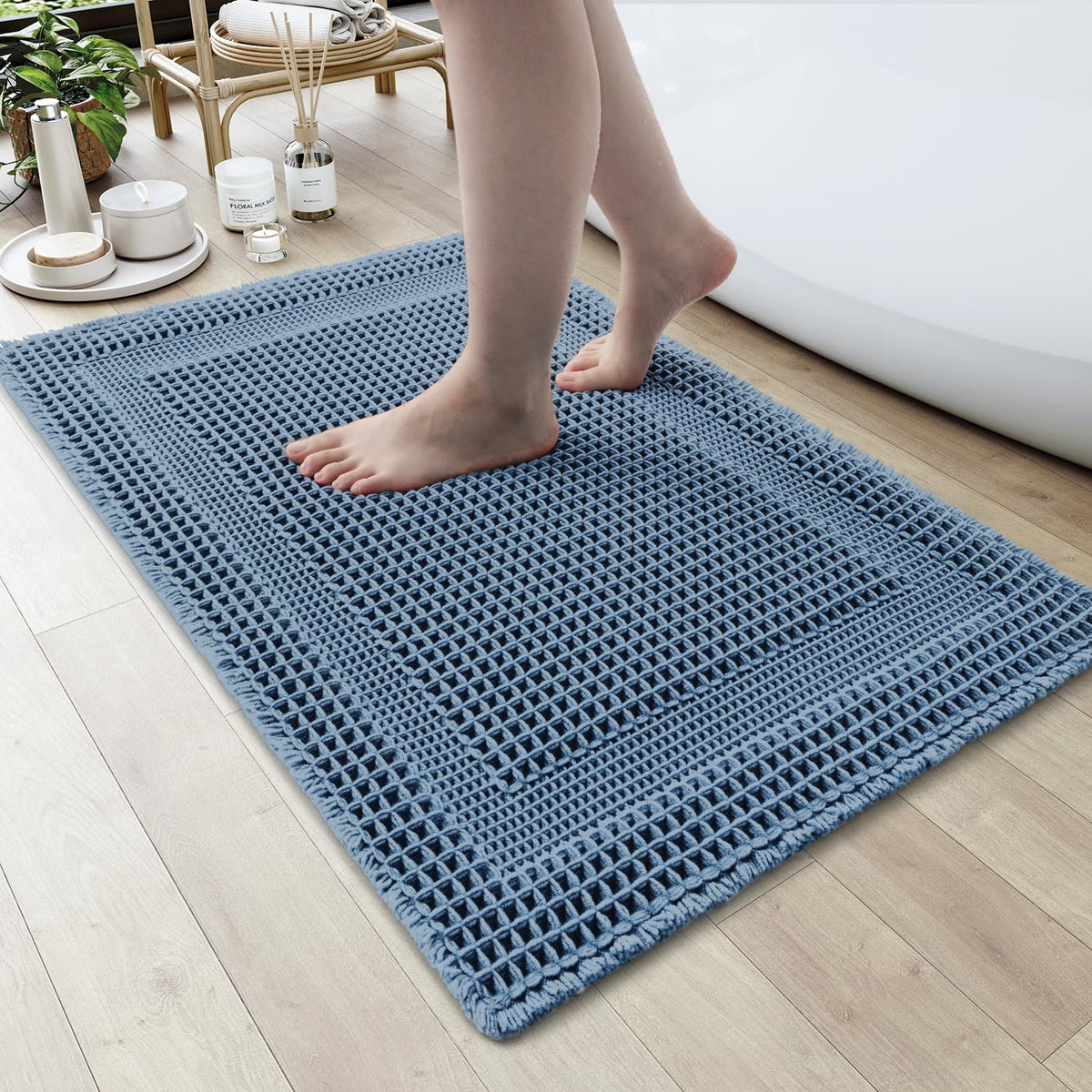 AMOAMI Waffle Bath Mat, Absorbent Bathroom Rugs Non Slip 17''x24'' Beige