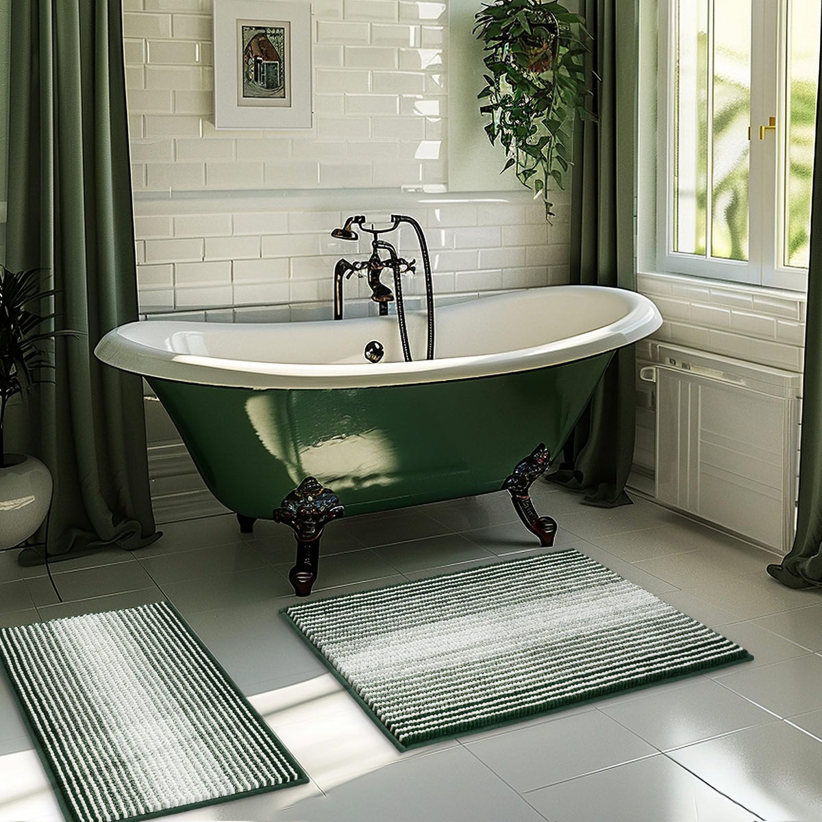 BSICPRO Bathroom Rugs Sets 2 Piece, Non Slip Striped Bath Mats, Fog Blue