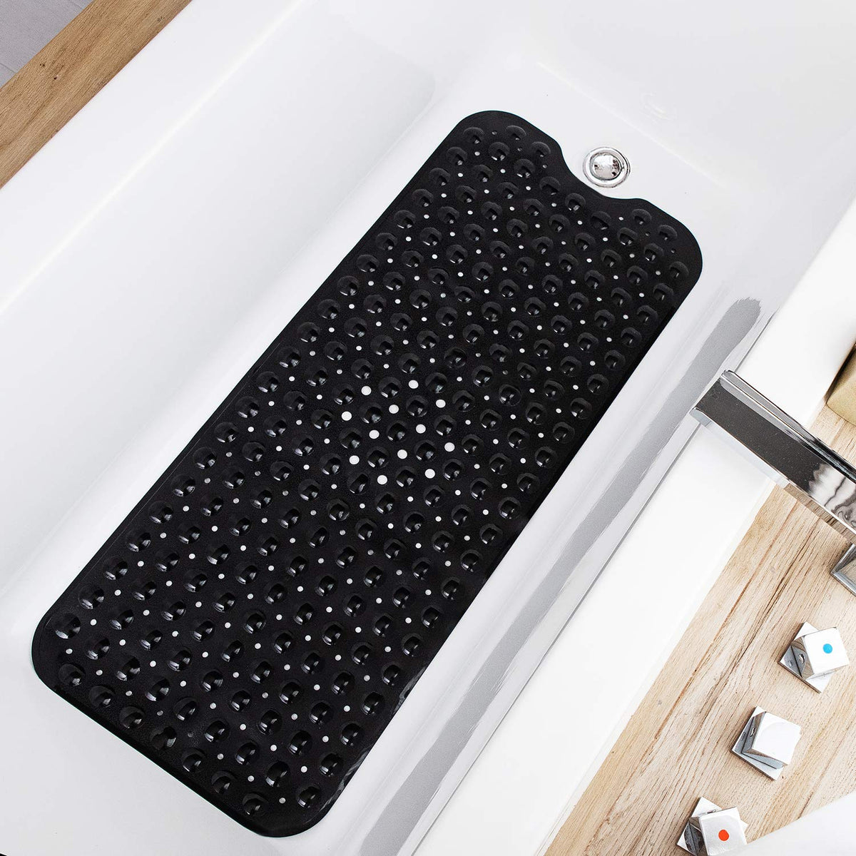 TEESHLY Bath Tub and Shower Mats, Non-Slip 39 x 16 Inch Extra Long Bathtub Mat, Machine Washable BathMat with Drain Holes, Suction Cups for Bathroom (Opaque White)