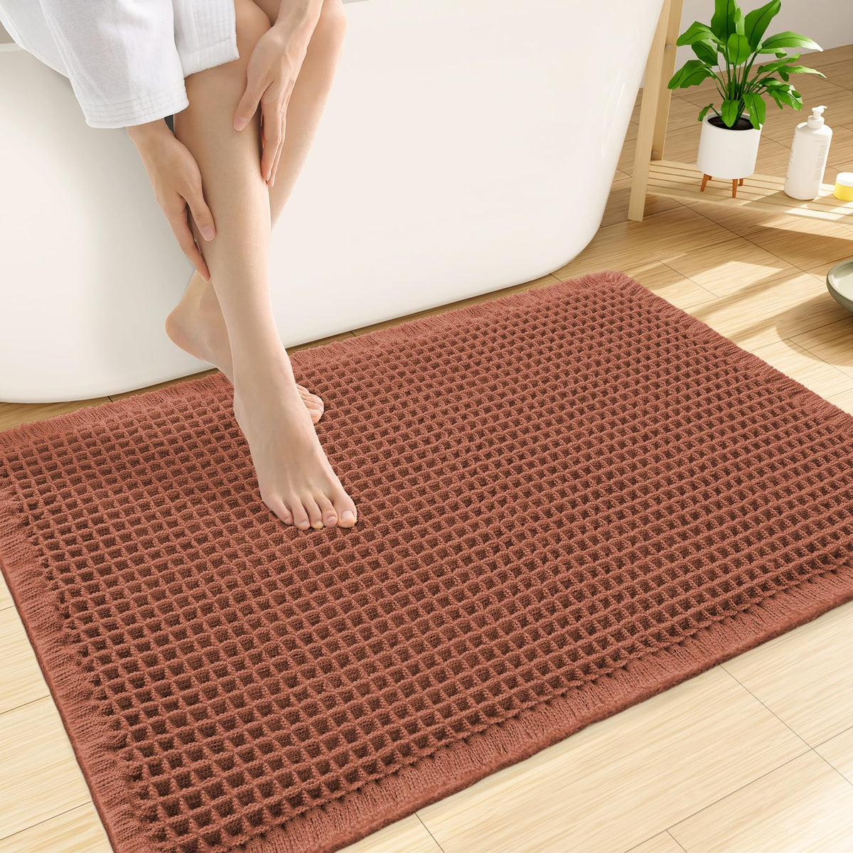Smiry Waffle Bath Mat 24X16, Soft Absorbent Bathroom Rugs, Brown & Cream