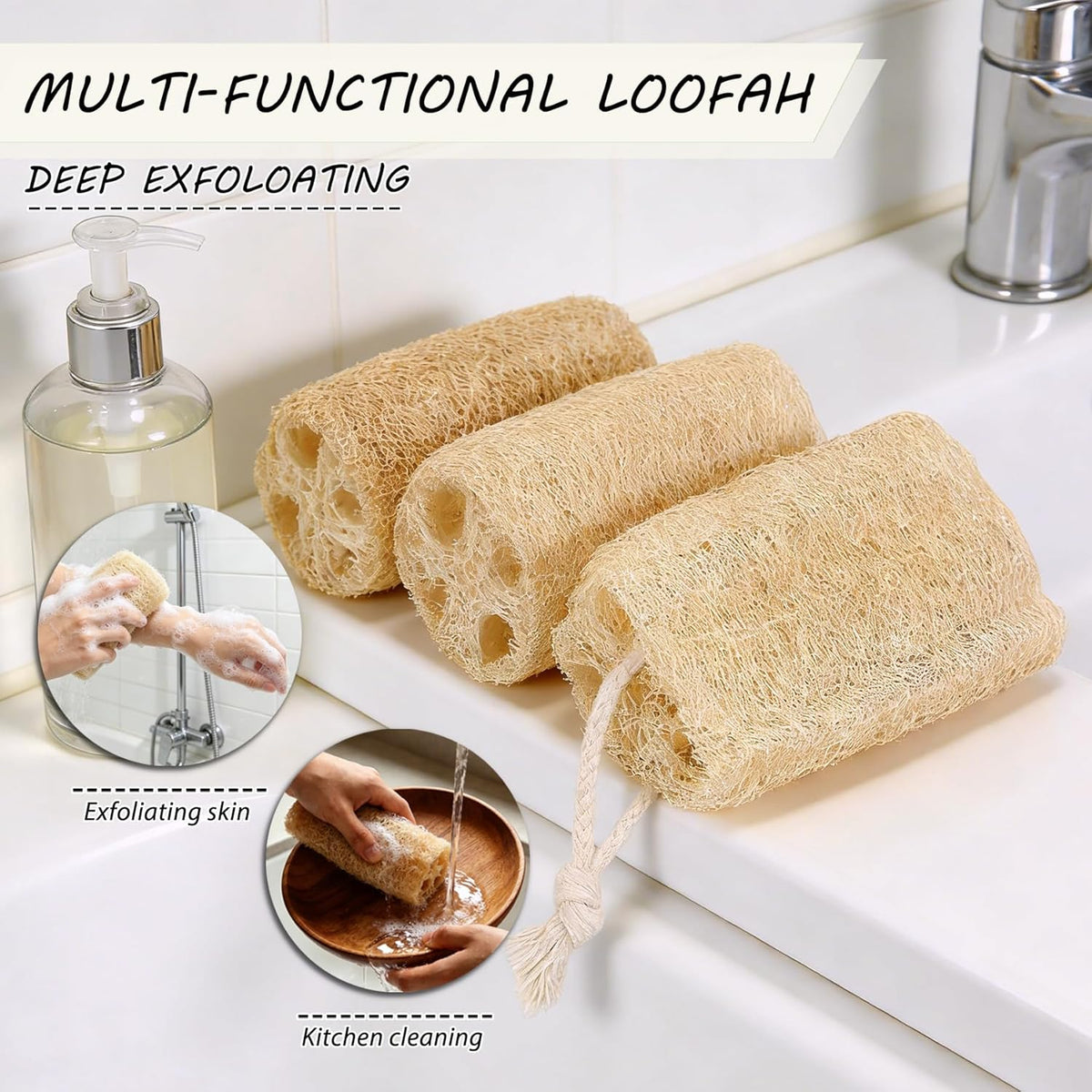 Natural Loofah Sponge Organic Loofa Set 6 Pack,Exfoliating Body Scrubber Shower Luffa Men and Women for Bath Cleaning Skin Back and Face Eco Tool