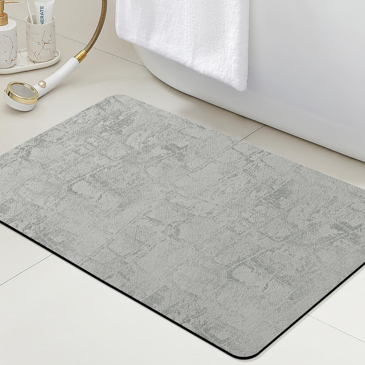 ACCUMTEK Non Slip Bath Mat, Thin Bathroom Rugs Fit Under Door, Quick Dry Bath Mats, Machine Washable Bath Rugs for Bathroom, Bathtub & Kitchen, Grey/Bordered/24 x17