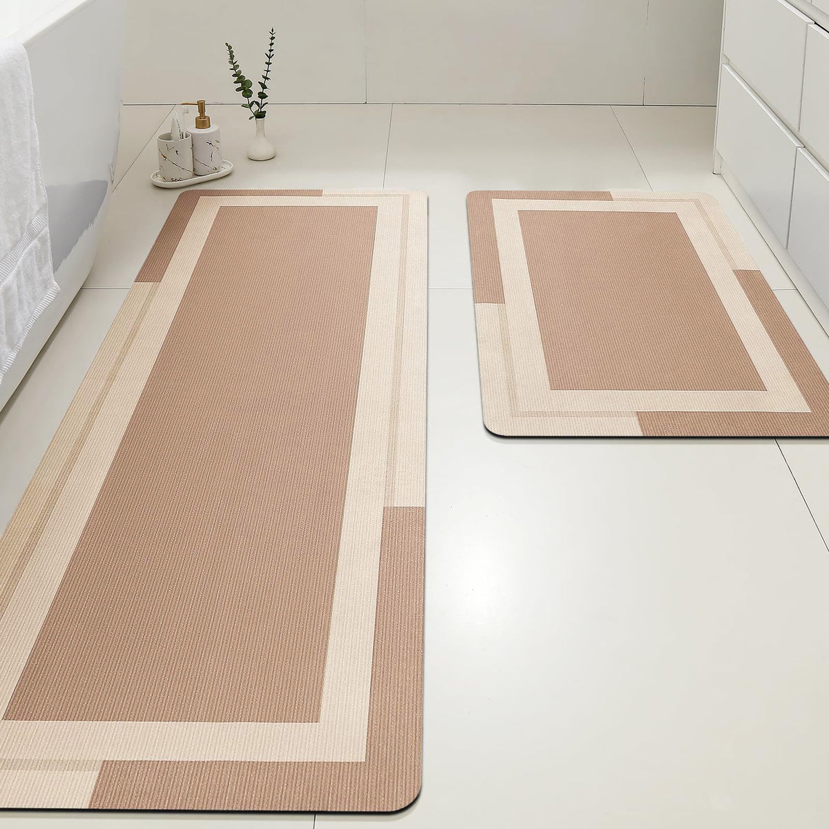 ACCUMTEK Non Slip Bath Mat, Thin Bathroom Rugs Fit Under Door, Quick Dry Bath Mats, Machine Washable Bath Rugs for Bathroom, Bathtub & Kitchen, Grey/Bordered/24 x17
