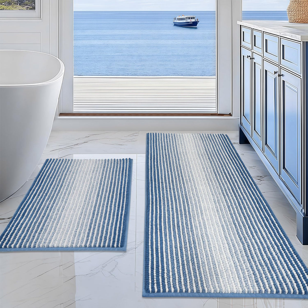 BSICPRO Bathroom Rugs Sets 2 Piece, Non Slip Striped Bath Mats, Fog Blue