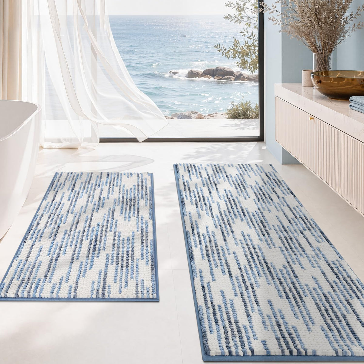 BSICPRO Bathroom Rugs Sets 2 Piece, Non Slip Striped Bath Mats, Fog Blue