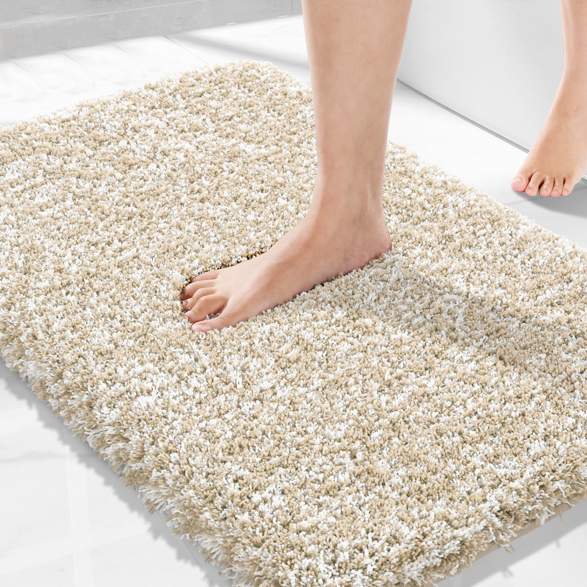 Yimobra Bathroom Rugs Non Slip Washable 32X20, Ultra Soft and Water Absorbent Bath Mats, Plush Fluffy Shower Mat Outside, Microfiber Thick Matts for Bathroom Floor/Tub, Light Gray and White