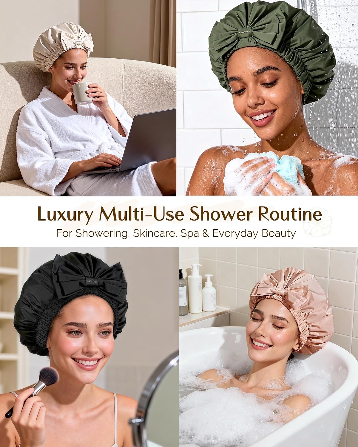 Yanibest Shower Cap Reusable Waterproof, Wide Elastic Band Bath Cap