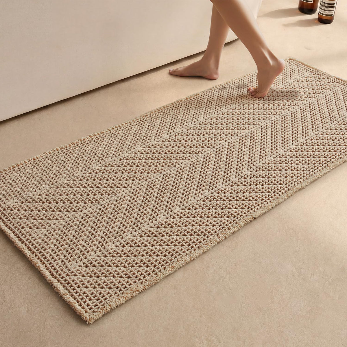 Sunfly Boho Bathroom Rug, Herringbone Waffle Bath Mat Non-Slip Washable Super Absorbent Quick Dry, Farmhouse Bath Mat for Bathroom Floor Decor 20"*30" Khaki