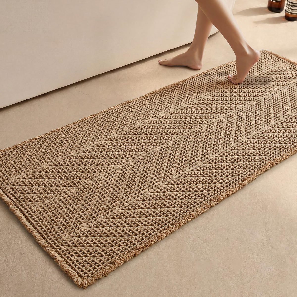 Sunfly Boho Bathroom Rug, Herringbone Waffle Bath Mat Non-Slip Washable Super Absorbent Quick Dry, Farmhouse Bath Mat for Bathroom Floor Decor 20"*30" Khaki