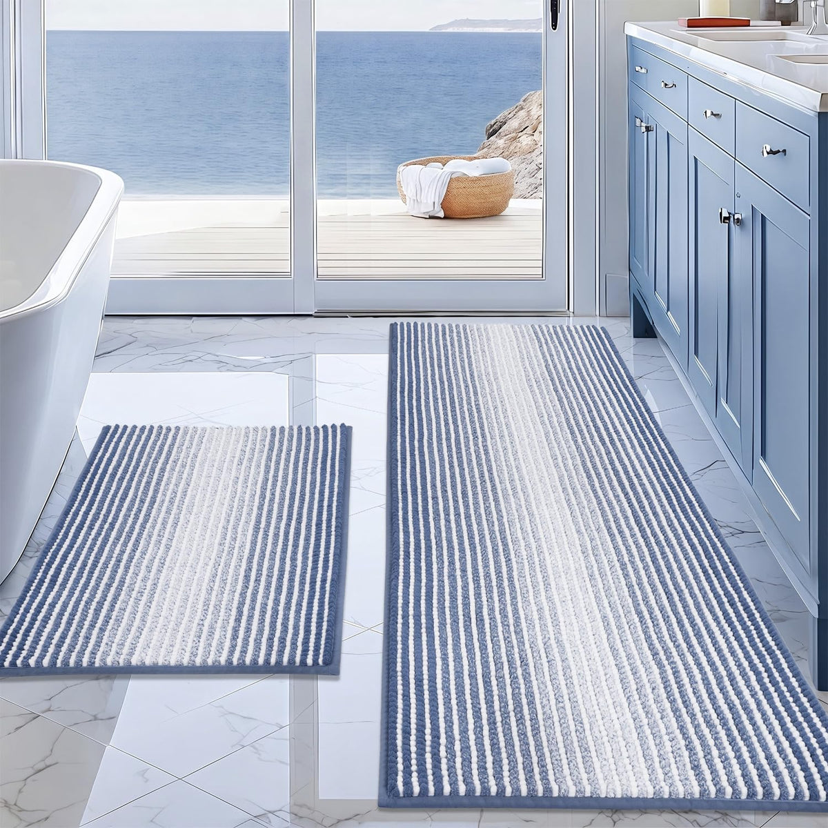 BSICPRO Bathroom Rugs Sets 2 Piece, Non Slip Striped Bath Mats, Fog Blue