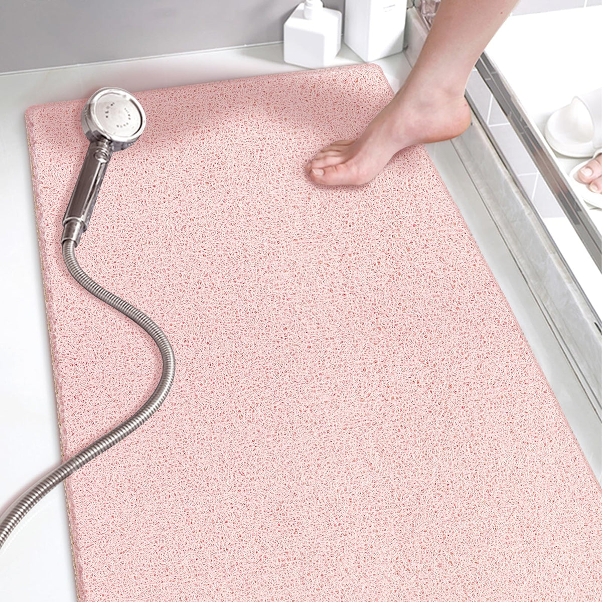 godehone Shower Mats Non Slip Without Suction Cups, PVC Loofah Bathroom Mats, Loofah Mats for Shower and Bathroom, Quick Drying, 15.7× 36 Inch, Beige