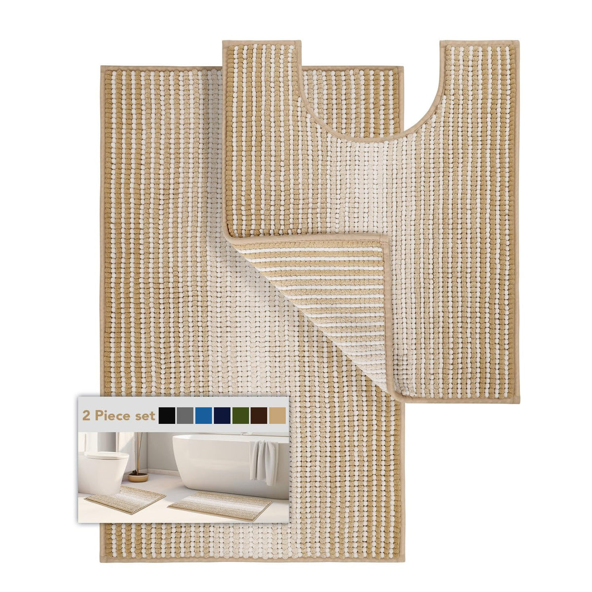 BSICPRO Bathroom Rugs Sets 2 Piece, Non Slip Striped Bath Mats, Fog Blue