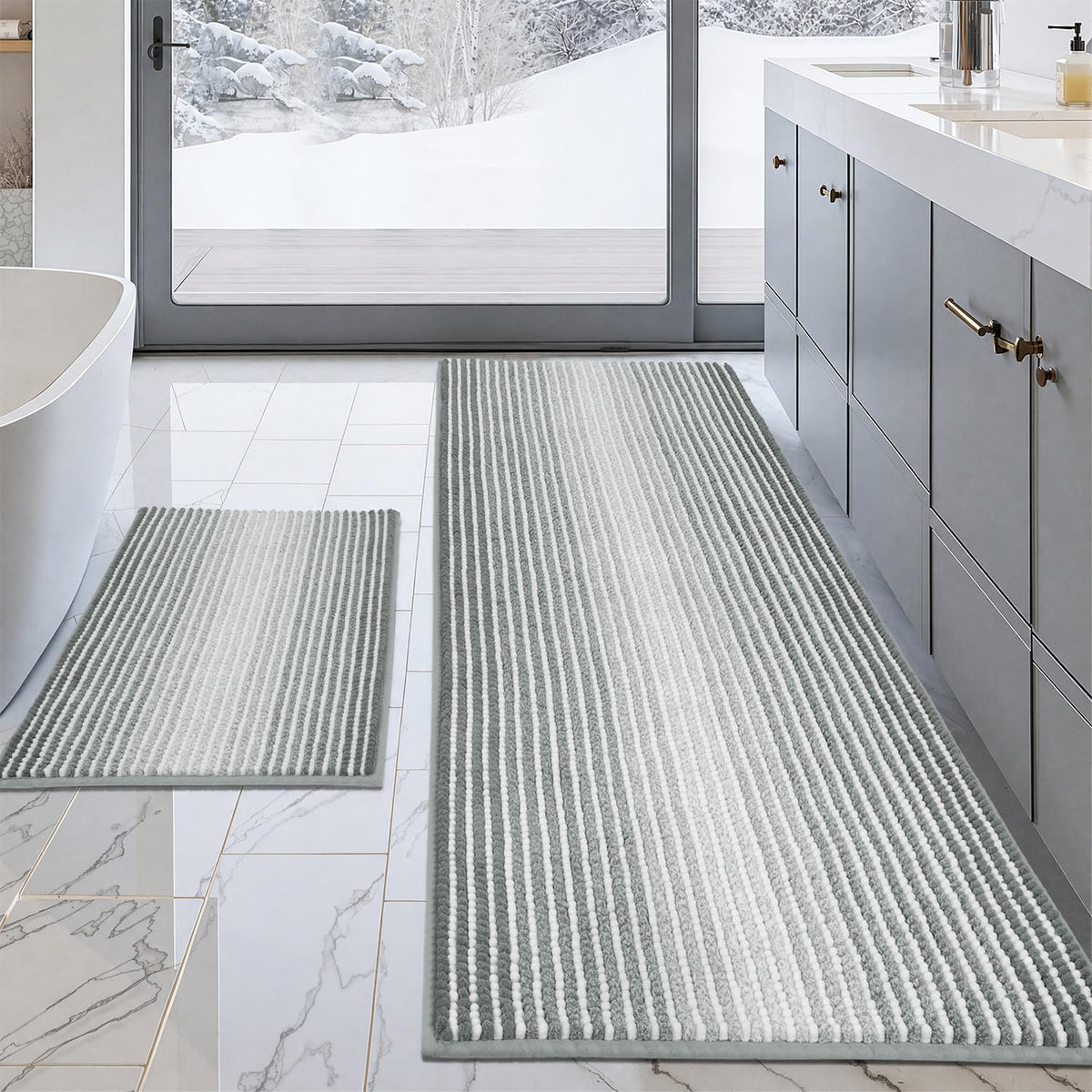 BSICPRO Bathroom Rugs Sets 2 Piece, Non Slip Striped Bath Mats, Fog Blue
