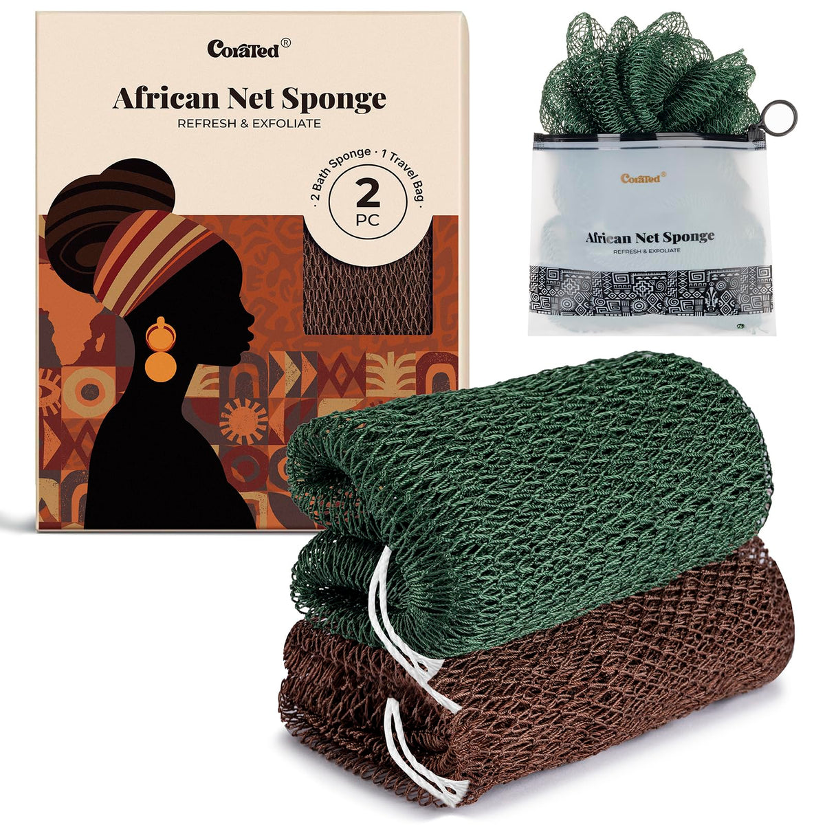 CORATED African Net Sponge Authentic, Shower Loofah Exfoliating Bath Sponge