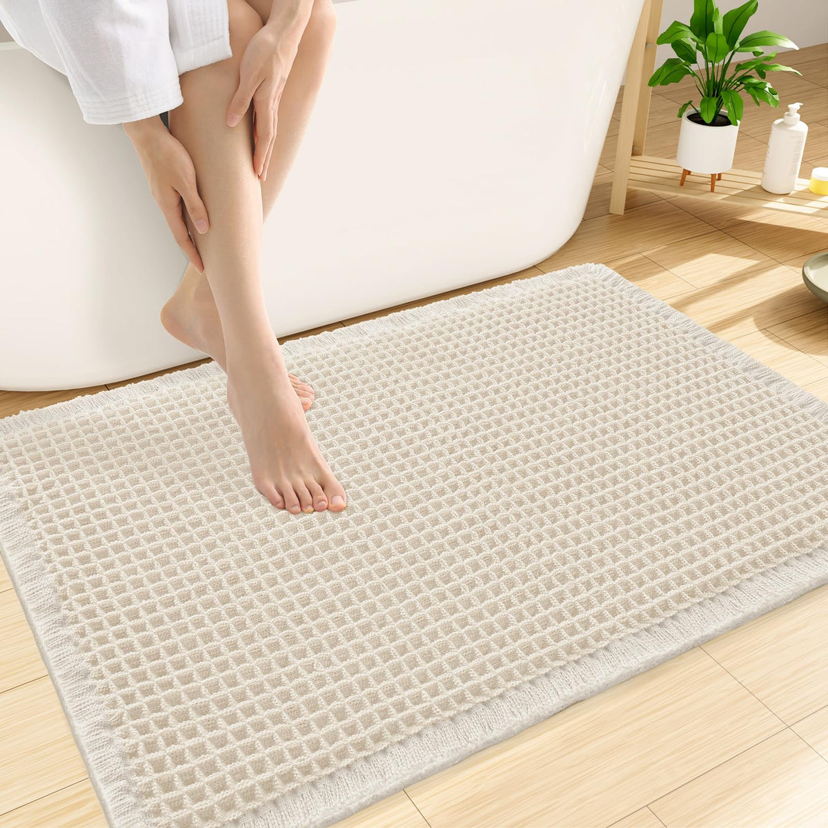 Smiry Waffle Bath Mat 24X16, Soft Absorbent Bathroom Rugs, Brown & Cream
