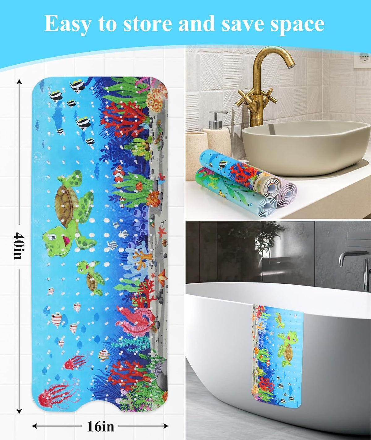 Secopad Bathtub Mat Non Slip, Cute Tub Mat, 40" x 16", Turtles