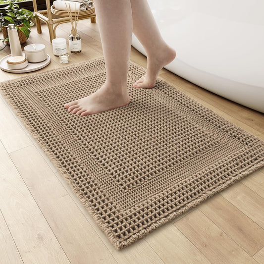 AMOAMI Waffle Bath Mat, Absorbent Bathroom Rugs Non Slip 17''x24'' Beige
