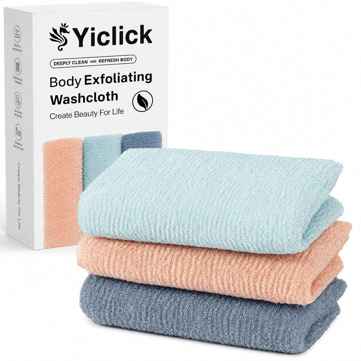 Yiclick Exfoliating Washcloth Towel, Japanese Exfoliating Wash Cloth, Korean Body Scrubber Exfoliator, Back Scrubber Washer for Shower Bath, Body Scrub African Net Sponge Loofah Luffa (Colors)