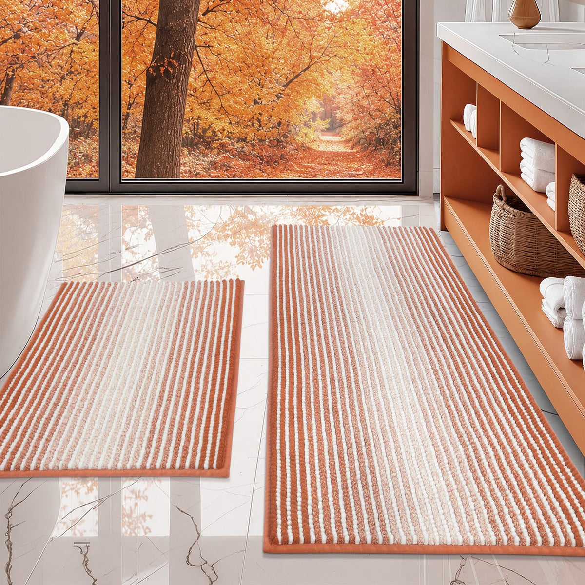 BSICPRO Bathroom Rugs Sets 2 Piece, Non Slip Striped Bath Mats, Fog Blue