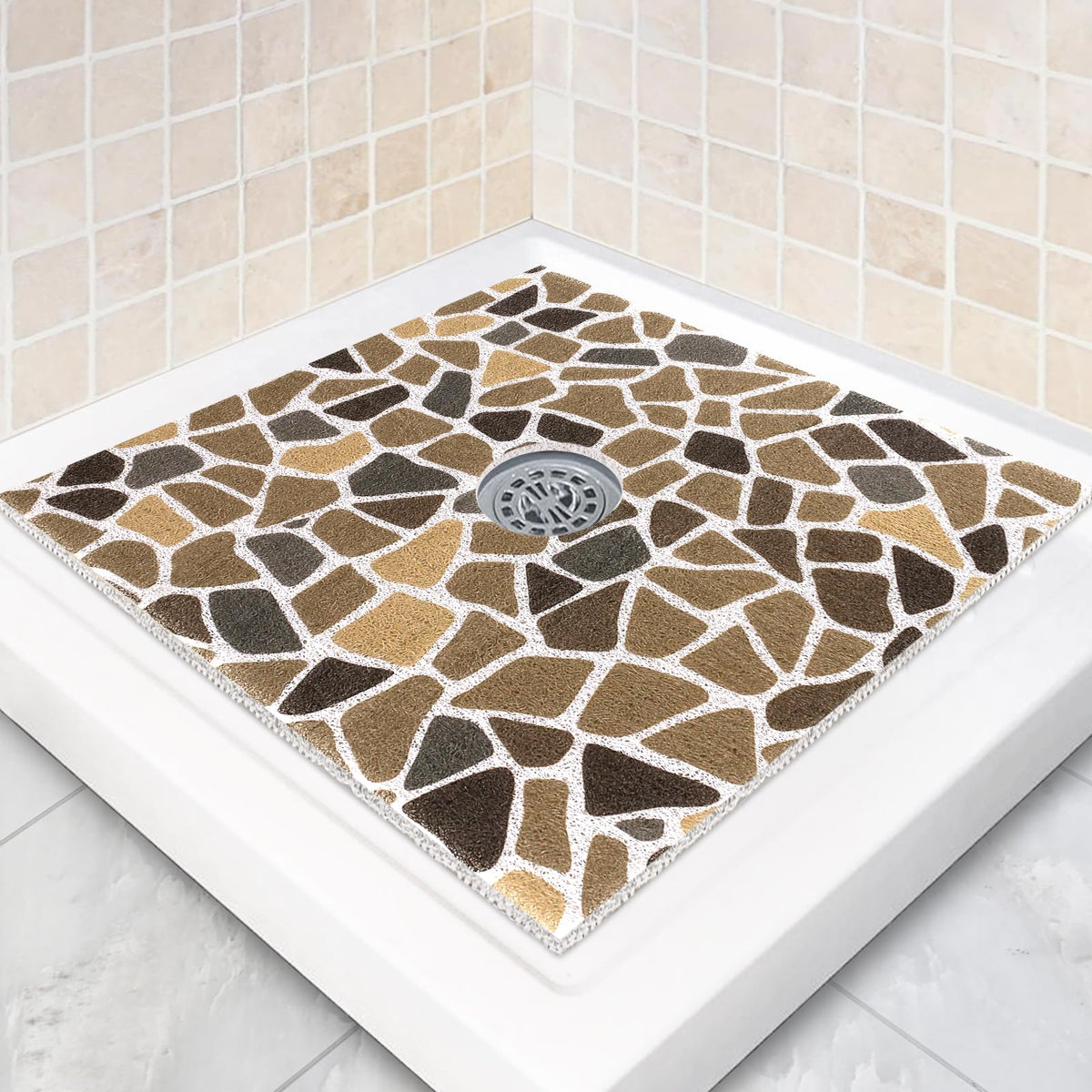 Square Shower Mat Non Slip: 24 x 24 Inch Shower Mats with Drain Hole in Middle - PVC Loofah Anti Slip Shower Floor Matt for Inside Shower