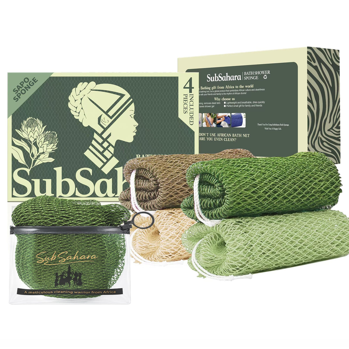SubSahara African Net Sponge, 2 Pack 45-Inch Exfoliating Bath Scrubber